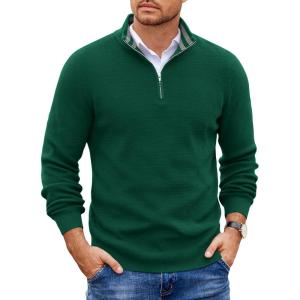 imageCOOFANDY Mens Quarter Zip Pullover Slim Fit Lightweight Sweater Casual Mock Neck Knit Polo SweaterGreen