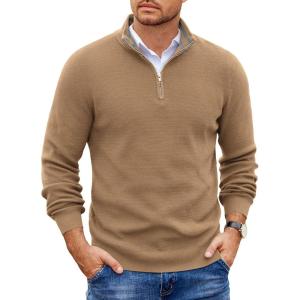 imageCOOFANDY Mens Quarter Zip Pullover Slim Fit Lightweight Sweater Casual Mock Neck Knit Polo SweaterKhaki