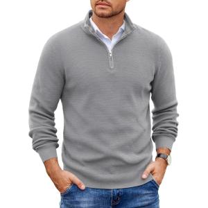 imageCOOFANDY Mens Quarter Zip Pullover Slim Fit Lightweight Sweater Casual Mock Neck Knit Polo SweaterLight Gray