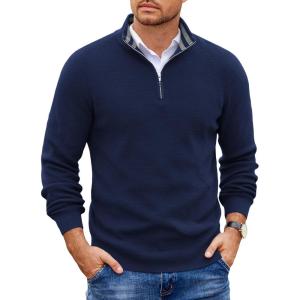 imageCOOFANDY Mens Quarter Zip Pullover Slim Fit Lightweight Sweater Casual Mock Neck Knit Polo SweaterNavy