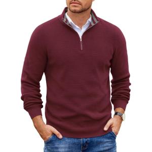 imageCOOFANDY Mens Quarter Zip Pullover Slim Fit Lightweight Sweater Casual Mock Neck Knit Polo SweaterRed
