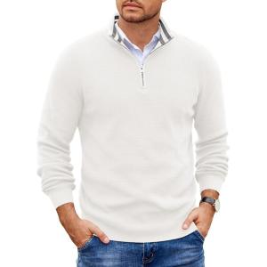 imageCOOFANDY Mens Quarter Zip Pullover Slim Fit Lightweight Sweater Casual Mock Neck Knit Polo SweaterWhite
