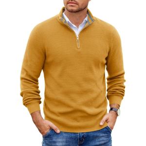 imageCOOFANDY Mens Quarter Zip Pullover Slim Fit Lightweight Sweater Casual Mock Neck Knit Polo SweaterYellow
