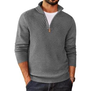 imageCOOFANDY Mens Quarter Zip Sweater Casual Slim Fit Pullovers Sweaters Knit Twill Texture PulloverGray