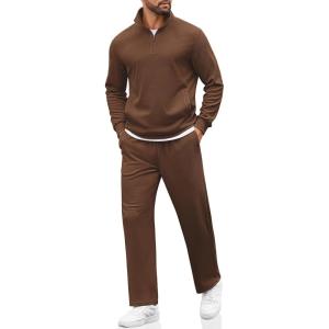 imageCOOFANDY Mens Sweatsuits 2 Piece Set Quarter Zip Pullover with Wide Leg Sweatpants Matching TracksuitBrown