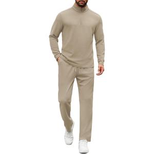 imageCOOFANDY Mens Tracksuits 2 Piece Casual Athletic Sweatsuit Quarter Zip Pullover Long Sleeve Running Sport OutfitsLight Khaki
