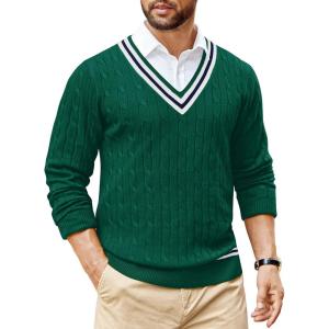 imageCOOFANDY Mens V Neck Sweater Long Sleeve Cable Knit Sweater Fall Winter Pullover Slim Fit Stretchy Fabric Preppy StyleChristmas Green