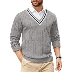imageCOOFANDY Mens V Neck Sweater Long Sleeve Cable Knit Sweater Fall Winter Pullover Slim Fit Stretchy Fabric Preppy StyleGrey