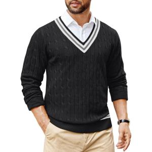 imageCOOFANDY Mens V Neck Sweater Long Sleeve Cable Knit Sweater Fall Winter Pullover Slim Fit Stretchy Fabric Preppy StyleInk Black