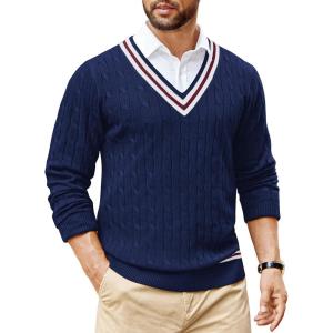 imageCOOFANDY Mens V Neck Sweater Long Sleeve Cable Knit Sweater Fall Winter Pullover Slim Fit Stretchy Fabric Preppy StyleNavy Blue