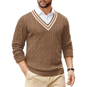 imageCOOFANDY Mens V Neck Sweater Long Sleeve Cable Knit Sweater Fall Winter Pullover Slim Fit Stretchy Fabric Preppy StyleOak Brown