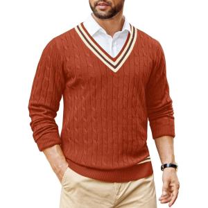 imageCOOFANDY Mens V Neck Sweater Long Sleeve Cable Knit Sweater Fall Winter Pullover Slim Fit Stretchy Fabric Preppy StylePumpkin