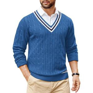 imageCOOFANDY Mens V Neck Sweater Long Sleeve Cable Knit Sweater Fall Winter Pullover Slim Fit Stretchy Fabric Preppy StyleSky Blue