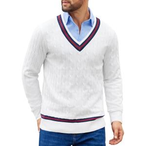 imageCOOFANDY Mens V Neck Sweater Long Sleeve Cable Knit Sweater Fall Winter Pullover Slim Fit Stretchy Fabric Preppy StyleWhite