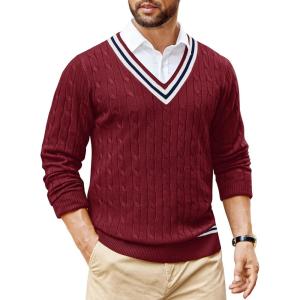 imageCOOFANDY Mens V Neck Sweater Long Sleeve Cable Knit Sweater Fall Winter Pullover Slim Fit Stretchy Fabric Preppy StyleWine Red