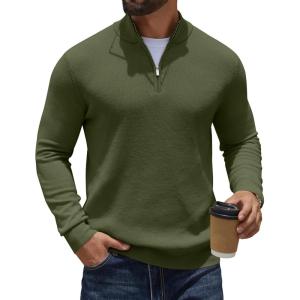 imageCOOFANDY Quarter Zip Pullover Men Slim Fit Stretchy Ribbed 14 Zip Sweaters Business Casual SweaterArmy Green