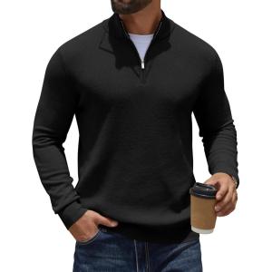 imageCOOFANDY Quarter Zip Pullover Men Slim Fit Stretchy Ribbed 14 Zip Sweaters Business Casual SweaterBlack