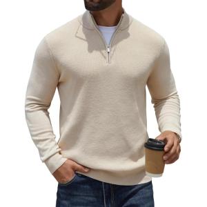 imageCOOFANDY Quarter Zip Pullover Men Slim Fit Stretchy Ribbed 14 Zip Sweaters Business Casual SweaterChampagne