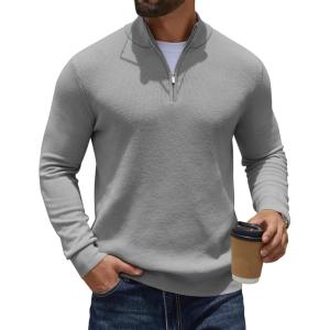 imageCOOFANDY Quarter Zip Pullover Men Slim Fit Stretchy Ribbed 14 Zip Sweaters Business Casual SweaterGrey
