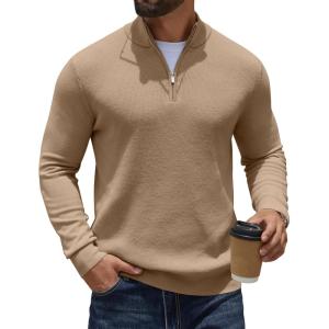 imageCOOFANDY Quarter Zip Pullover Men Slim Fit Stretchy Ribbed 14 Zip Sweaters Business Casual SweaterKhaki