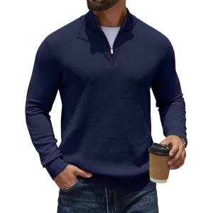 imageCOOFANDY Quarter Zip Pullover Men Slim Fit Stretchy Ribbed 14 Zip Sweaters Business Casual SweaterNavy Blue