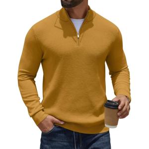 imageCOOFANDY Quarter Zip Pullover Men Slim Fit Stretchy Ribbed 14 Zip Sweaters Business Casual SweaterTurmeric