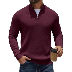 imageCOOFANDY Quarter Zip Pullover Men Slim Fit Stretchy Ribbed 14 Zip Sweaters Business Casual SweaterWine Red