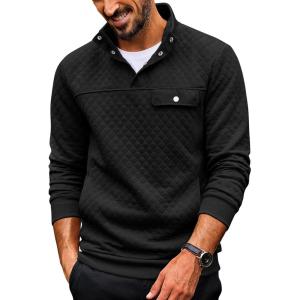 imageCOOFANDY Quilted Sweatshirts for Men Quarter Button Pullover Sweatshirt Stand Collar Outdoor Polo with PocketsAll Black