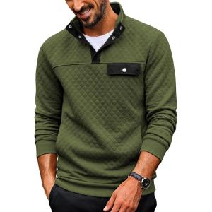 imageCOOFANDY Quilted Sweatshirts for Men Quarter Button Pullover Sweatshirt Stand Collar Outdoor Polo with PocketsArmy Green