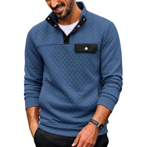 imageCOOFANDY Quilted Sweatshirts for Men Quarter Button Pullover Sweatshirt Stand Collar Outdoor Polo with PocketsBlue