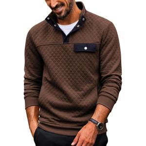 imageCOOFANDY Quilted Sweatshirts for Men Quarter Button Pullover Sweatshirt Stand Collar Outdoor Polo with PocketsBrowm