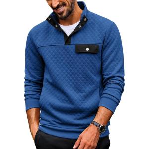 imageCOOFANDY Quilted Sweatshirts for Men Quarter Button Pullover Sweatshirt Stand Collar Outdoor Polo with PocketsEstate Blue