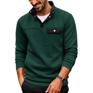imageCOOFANDY Quilted Sweatshirts for Men Quarter Button Pullover Sweatshirt Stand Collar Outdoor Polo with PocketsGreen
