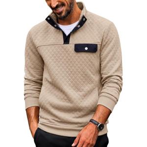 imageCOOFANDY Quilted Sweatshirts for Men Quarter Button Pullover Sweatshirt Stand Collar Outdoor Polo with PocketsKhaki
