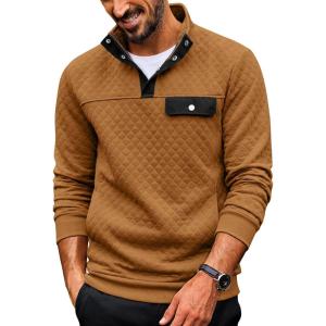 imageCOOFANDY Quilted Sweatshirts for Men Quarter Button Pullover Sweatshirt Stand Collar Outdoor Polo with PocketsLight Brown
