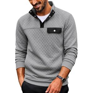 imageCOOFANDY Quilted Sweatshirts for Men Quarter Button Pullover Sweatshirt Stand Collar Outdoor Polo with PocketsLight Grey