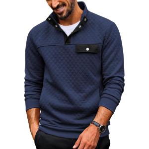 imageCOOFANDY Quilted Sweatshirts for Men Quarter Button Pullover Sweatshirt Stand Collar Outdoor Polo with PocketsNavy Blue