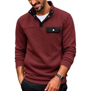 imageCOOFANDY Quilted Sweatshirts for Men Quarter Button Pullover Sweatshirt Stand Collar Outdoor Polo with PocketsRed