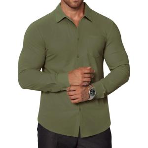 imageCOOFANDY Stretch Mens Dress Shirts Wrinkle Free Long Sleeve Dress Shirt Muscle Fit Button Down ShirtArmy Green