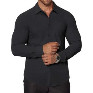 imageCOOFANDY Stretch Mens Dress Shirts Wrinkle Free Long Sleeve Dress Shirt Muscle Fit Button Down ShirtBlack