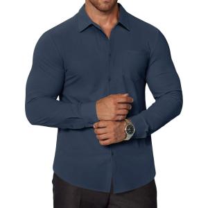 imageCOOFANDY Stretch Mens Dress Shirts Wrinkle Free Long Sleeve Dress Shirt Muscle Fit Button Down ShirtDark Blue