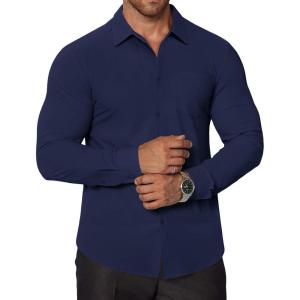 imageCOOFANDY Stretch Mens Dress Shirts Wrinkle Free Long Sleeve Dress Shirt Muscle Fit Button Down ShirtDeep Blue