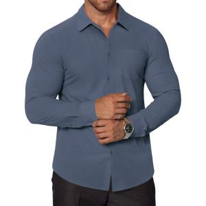imageCOOFANDY Stretch Mens Dress Shirts Wrinkle Free Long Sleeve Dress Shirt Muscle Fit Button Down ShirtDenim Blue
