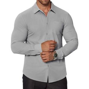 imageCOOFANDY Stretch Mens Dress Shirts Wrinkle Free Long Sleeve Dress Shirt Muscle Fit Button Down ShirtLight Grey