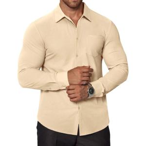 imageCOOFANDY Stretch Mens Dress Shirts Wrinkle Free Long Sleeve Dress Shirt Muscle Fit Button Down ShirtLight Khaki