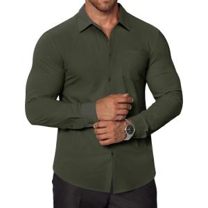 imageCOOFANDY Stretch Mens Dress Shirts Wrinkle Free Long Sleeve Dress Shirt Muscle Fit Button Down ShirtOlive Green
