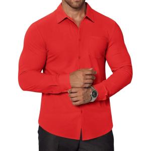 imageCOOFANDY Stretch Mens Dress Shirts Wrinkle Free Long Sleeve Dress Shirt Muscle Fit Button Down ShirtRed