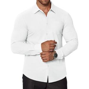 imageCOOFANDY Stretch Mens Dress Shirts Wrinkle Free Long Sleeve Dress Shirt Muscle Fit Button Down ShirtWhite