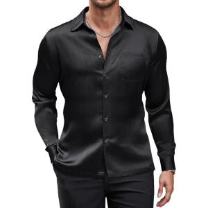 imageCOOFANDY Mens Luxury Satin Dress Shirt Shiny Silk Long Sleeve Button Up Shirts Wedding Shirt Party PromBlack