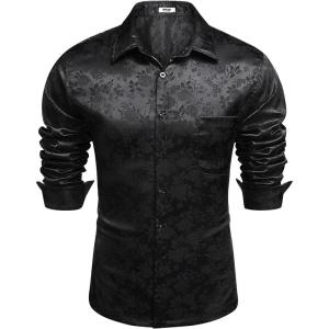 imageCOOFANDY Mens Luxury Satin Dress Shirt Shiny Silk Long Sleeve Button Up Shirts Wedding Shirt Party PromForal  Black